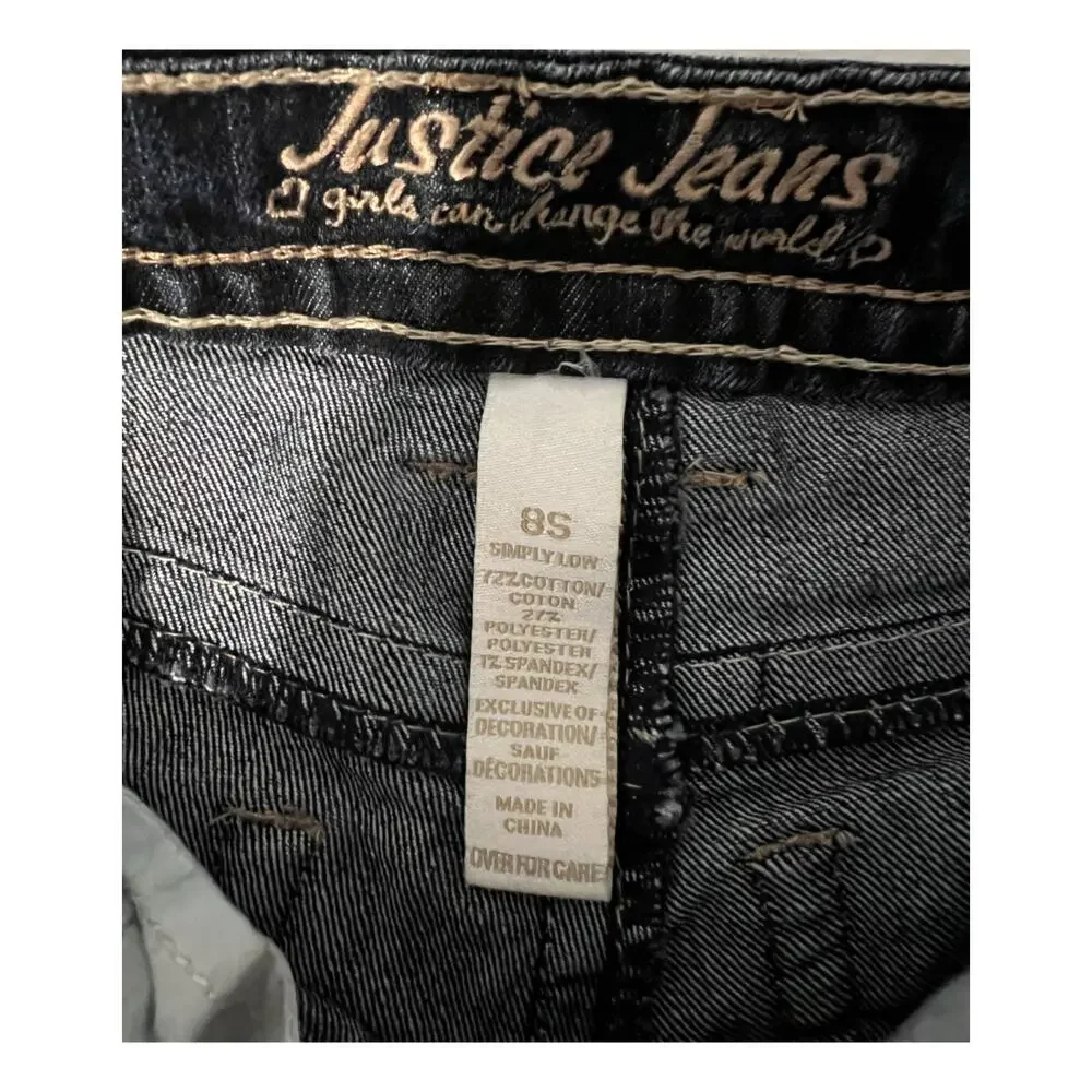 Justice Girls Jeans Size 8S Dark Wash Cuffed Hem Pockets Snap Close Lose Kids
